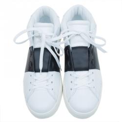Pre Owned Valentino White and Black Banded Leather High Top Sneakers Size 40