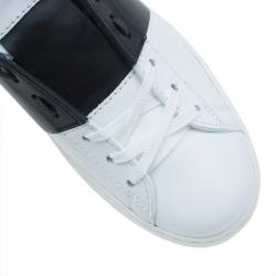 Pre Owned Valentino White and Black Banded Leather High Top Sneakers Size 40