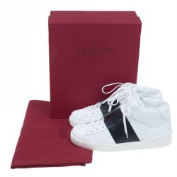 Pre Owned Valentino White and Black Banded Leather High Top Sneakers Size 40