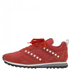 Valentino Red Suede And Fabric Rockstud Sneakers Size 44