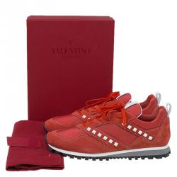 Valentino Red Suede And Fabric Rockstud Sneakers Size 44