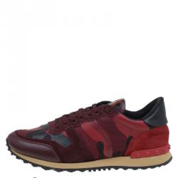 Pre Owned Valentino Red Camouflage Leather and Suede Rockrunner Sneakers Size 43