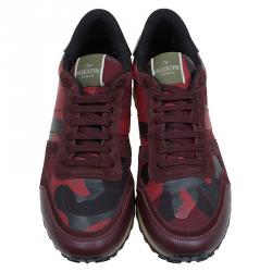 Pre Owned Valentino Red Camouflage Leather and Suede Rockrunner Sneakers Size 43