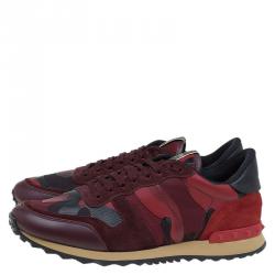 Pre Owned Valentino Red Camouflage Leather and Suede Rockrunner Sneakers Size 43