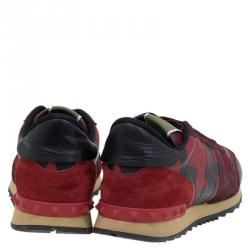 Pre Owned Valentino Red Camouflage Leather and Suede Rockrunner Sneakers Size 43