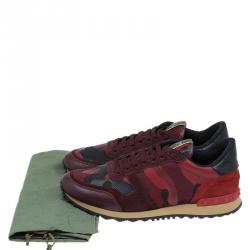 Pre Owned Valentino Red Camouflage Leather and Suede Rockrunner Sneakers Size 43