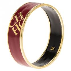 Pre Owned Carolina Herrera CH Logo Burgundy Enamel & Gold Tone Wide Bangle Bracelet 20 cm