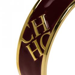 Pre Owned Carolina Herrera CH Logo Burgundy Enamel & Gold Tone Wide Bangle Bracelet 20 cm