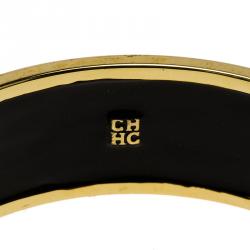 Pre Owned Carolina Herrera CH Logo Burgundy Enamel & Gold Tone Wide Bangle Bracelet 20 cm