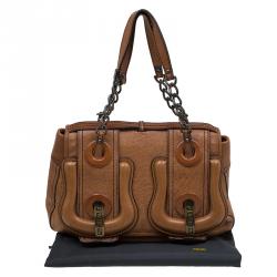 Pre Owned Fendi Brown Leather Trim B Tote