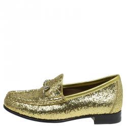 Gucci Gold Glitter Fabric and Leather Horsebit Loafers Size 37.5