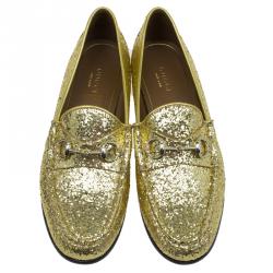 Gucci Gold Glitter Fabric and Leather Horsebit Loafers Size 37.5