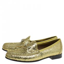 Gucci Gold Glitter Fabric and Leather Horsebit Loafers Size 37.5