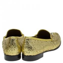 Gucci Gold Glitter Fabric and Leather Horsebit Loafers Size 37.5