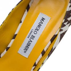 Pre Owned Manolo Blahnik Tricolor Printed Canvas Crystal Buckle Peep Toe Pumps Size 37.5