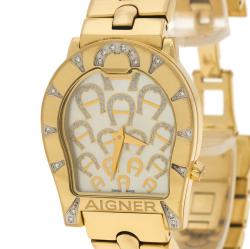 Pre Owned Aigner Ravenna Mother of Pearl Gold Diamond Studded Women's Wristwatch 30mm