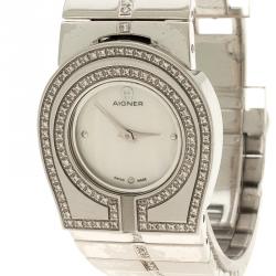 Pre Owned Aigner Mother of Pearl Diamond Stainless Steel La Spezia Women's Wristwatch 28 mm