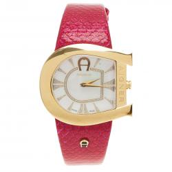 Pre Owned Aigner Genua Quartz Mother Of Pearl Diamond Dial Gold Tone Stainless Steel Pink Leatjher Womens Watch 37 MM