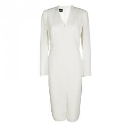 Akris Cream Wool Sheer Sleeve Detail V-Neck Dress L