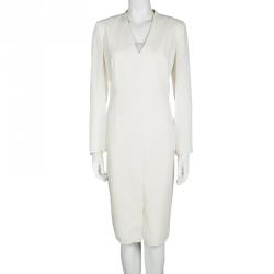 Akris Cream Wool Sheer Sleeve Detail V-Neck Dress L