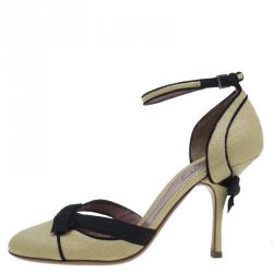 Pre Owned Azzedine Alaia Beige Raffia Bow Detail D'Orsay Ankle Strap Pumps Size 38.5