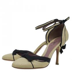 Pre Owned Azzedine Alaia Beige Raffia Bow Detail D'Orsay Ankle Strap Pumps Size 38.5