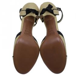 Pre Owned Azzedine Alaia Beige Raffia Bow Detail D'Orsay Ankle Strap Pumps Size 38.5
