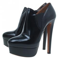 Pre Owned Azzedine Alaia Black Leather and Elastic Panel Ankle Boots Size 39