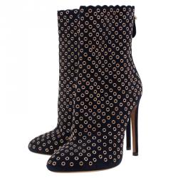 Pre Owned Alaia Black Suede Eyelet Ankle Boots Size 38.5