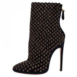 Pre Owned Alaia Black Suede Eyelet Ankle Boots Size 37.5