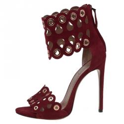 Alaia Burgundy Suede Laser Cut Eyelet Ankle Strap Sandals Size 39.5