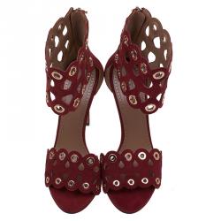 Alaia Burgundy Suede Laser Cut Eyelet Ankle Strap Sandals Size 39.5