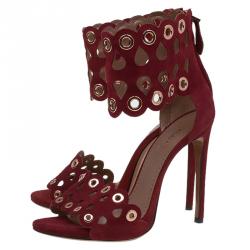 Alaia Burgundy Suede Laser Cut Eyelet Ankle Strap Sandals Size 39.5