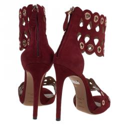 Alaia Burgundy Suede Laser Cut Eyelet Ankle Strap Sandals Size 39.5