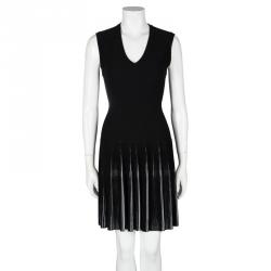 Pre Owned Alaia Black Knit Accordion Pleat Detail Fit and Flare Sleeveless Dress M