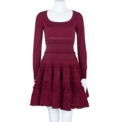 Pre Owned Azzedine Alaia Red Knit Skater Dress M