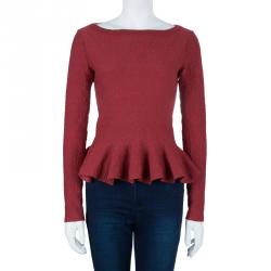 Pre Owned Azzedine Alaia Red Textured Peplum Top M
