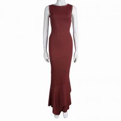 Pre Owned Alaia Burgundy Knit Sleeveless Paneled Maxi Dress  S