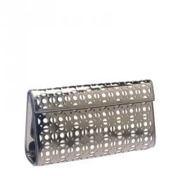 Pre Owned Alaia Metallic Grey Laser Cut Patent Leather Clutch