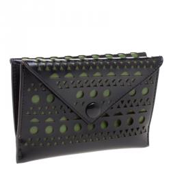 Pre Owned Alaia Black/Green Laser Cut Leather Mini Double Envelope Clutch