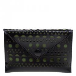 Pre Owned Alaia Black/Green Laser Cut Leather Mini Double Envelope Clutch