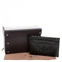 Pre Owned Alaia Black/Green Laser Cut Leather Mini Double Envelope Clutch