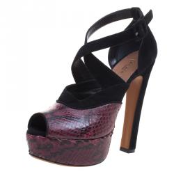 Alaia Burgundy Python and Suede Cross Strap Peep Toe Sandals Size 36