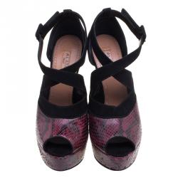 Alaia Burgundy Python and Suede Cross Strap Peep Toe Sandals Size 36
