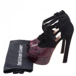 Alaia Burgundy Python and Suede Cross Strap Peep Toe Sandals Size 36