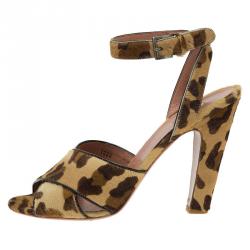 Pre Owned Azzedine Alaia Leopard Pony Hair Ankle Strap Sandals Size 40