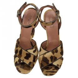 Pre Owned Azzedine Alaia Leopard Pony Hair Ankle Strap Sandals Size 40