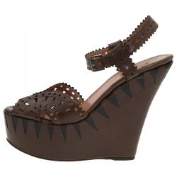 Pre Owned Azzedine Alaia Brown Cutout Leather Wedge Sandals Size 39