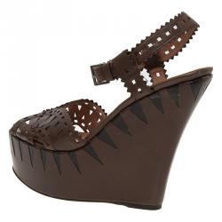 Pre Owned Azzedine Alaia Brown Cutout Leather Wedge Sandals Size 39