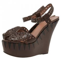 Pre Owned Azzedine Alaia Brown Cutout Leather Wedge Sandals Size 39